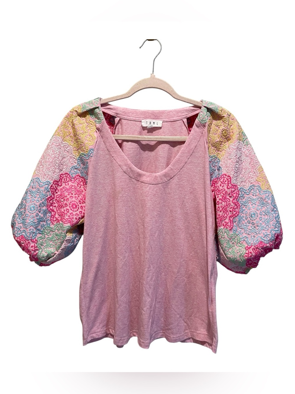 THML short-sleeve top with a soft knit bodice and embroidered sleeves. Size M